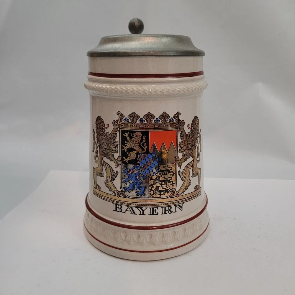 Gerz Beer Stein Bayern Bavaria Coat of Arms Lions Pewter Lid West Germany 6in